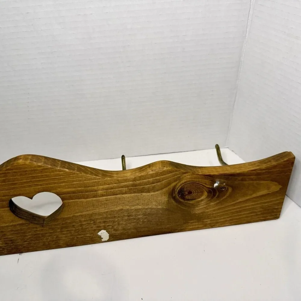 Vintage 22” Wood Heart Cutout Wall Coat Rack 4 Brass Hooks Cottagecore Farmhouse